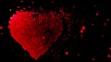 Daha küçük kalplerden oluşan canlı, patlayan bir kalp, siyah bir arkaplan üzerine kurulmuş, aşkı ve sevgiyi simgeliyor..