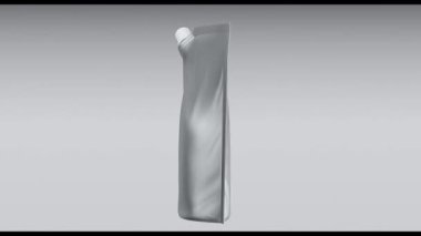 Gri zemin üzerinde izole edilmiş boş beyaz plastik poşetin 3 boyutlu görüntülenmesi, reklam, marka, reklam ve tasarım için kullanılabilir.