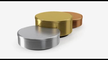 Beyaz arka planda gölgesi olan üç boyutlu altın metal teneke kutu.