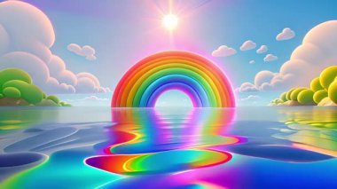 Deniz ve gökyüzünün arka planında gökkuşağı. resimleme.