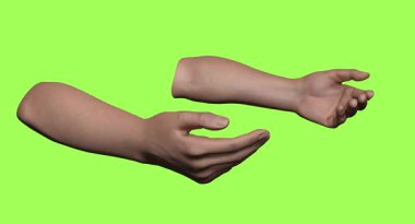 Yeşil arka planda parmakları olan üç boyutlu insan eli.
