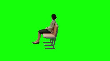 Siyah ekranda yeşil ekranda oturan bir kadının 3 boyutlu görüntüsü.