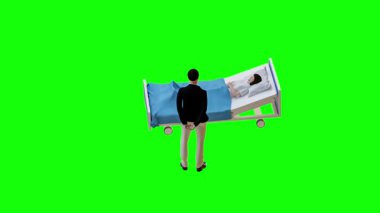 3 boyutlu görüntüleme. Yeşil arka planda dizüstü bilgisayarı olan tıbbi maskeli genç bir doktor..