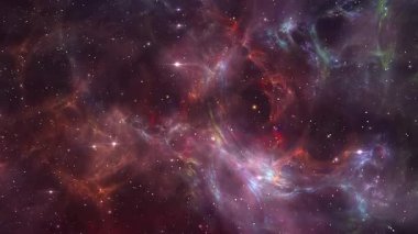 Geniş uzayda renkli bulutsular ve yıldızların olduğu canlı bir kozmik sahne..