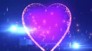 Müzik notaları ve ışık efektleri ile çevrili, sevgi ve müziği simgeleyen parıldayan bir kalp şekli..