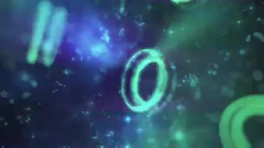 Parlak halkalar ve parıltıların yer aldığı soyut dijital tasarım, fütüristik veya teknolojik bir temayı işaret ediyor.