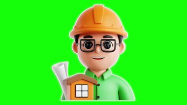 Canlandırılmış müteahhit karakter ev planları tutuyor ve parlak yeşil bir arka planda gülümsüyor.