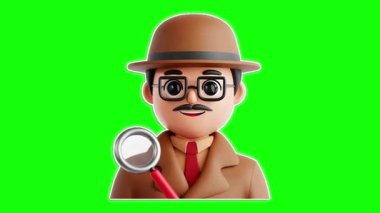 Canlı yeşil arka planda büyüteçle oyuncu dedektif karakteri