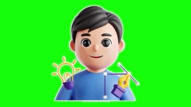 Canlı yeşil arka planda araçlar ve fikirlerle yaratıcılık ve yenilik sergileyen neşeli bir karakter.