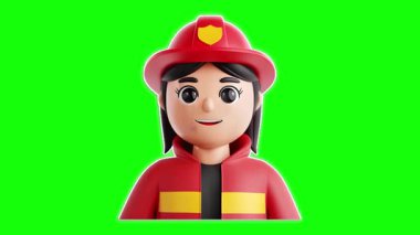 Parlak yeşil bir arka plana karşı dostane bir gülümsemesi olan canlı renklerde oyuncu itfaiyeci karakteri.