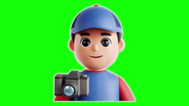 Elinde parlak yeşil bir zemin olan neşeli bir çizgi film çocuğu fotoğrafçılıkta yaratıcılığı ve eğlenceyi davet ediyor.
