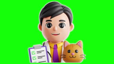 Neşeli bir veteriner karakteri elinde bir pano ve canlı yeşil bir arka planda sevimli bir kedi arkadaşı tutuyor.