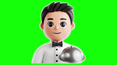 Dost canlısı çizgi film garsonu karakter canlı yeşil arka planda gümüş bir saat sunuyor.