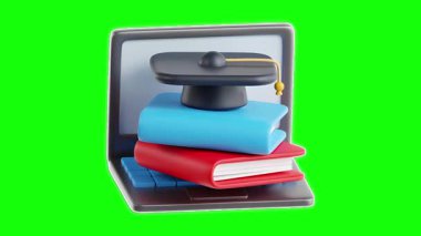 Dizüstü bilgisayarda kitap ve mezuniyet şapkası sergilenen dijital bir öğrenim ortamı