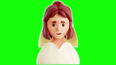 Neşeli, hareketli, neşeli bir gelin karakteri. Parlak bir gülümsemesi ve saçlarında parlak yeşil bir arka planı olan bir gül.