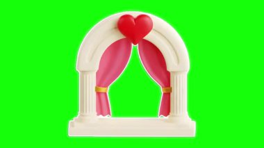 Canlı yeşil arka planda aksanlı ve akıcı perdeleri olan büyüleyici bir dekoratif kemer yolu.