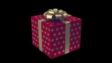 Altın kurdele ve yıldızlarla süslenmiş kırmızı bir hediye kutusu. Kutlamalar ve özel günler için mükemmel..
