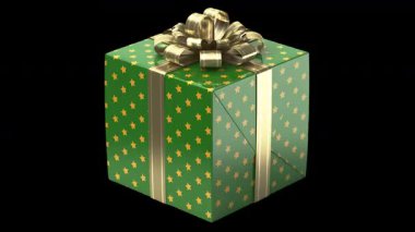 Altın kurdele ve yıldızlarla süslenmiş yeşil bir hediye kutusu. Kutlamalar ve özel durumlar için mükemmel..