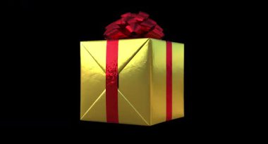 Kırmızı kurdeleli, parlak altın bir hediye kutusu. Kutlamayı sembolize ediyor..