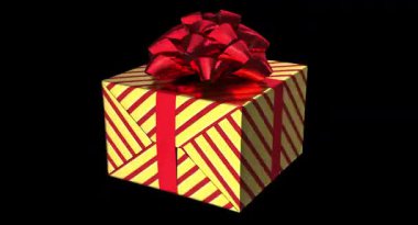 Güzel paketlenmiş kırmızı ve altın çizgili bir hediye kutusu, üstünde parlak kırmızı bir fiyonk, kutlama için mükemmel..