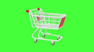 Parlak yeşil arka planda kırmızı aksanlı küçük bir alışveriş arabası, market alışverişinde ya da perakende alışverişinde kullanılır..