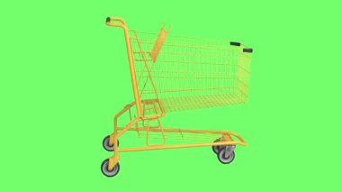Yeşil arka planda sarı bir alışveriş arabası, genellikle marketlerde yiyecek veya eşya taşımak için kullanılır..