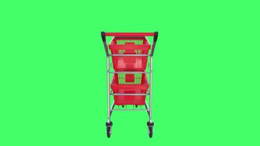 İki sepetli kırmızı bir alışveriş arabası. Perakende satış ortamında bakkaliye veya diğer eşyaları taşımak için tasarlanmış..