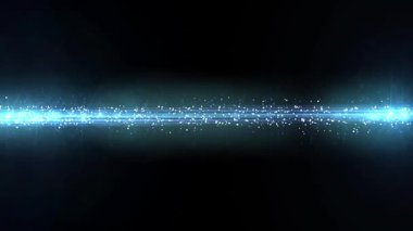 Karanlık bir zemin üzerinde parlak parçacıkları olan parlak mavi bir ışık demeti, geleceksel ya da dijital bir temayı işaret ediyor..