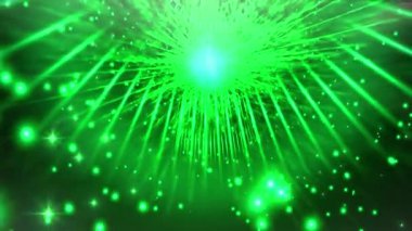 Yeşil ışığın ve ışıltılı efektlerin canlı patlaması dinamik bir görsel görüntü oluşturur..