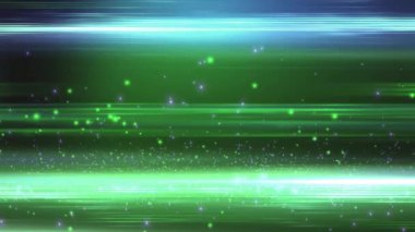Soyut yeşil ve mavi ışık çizgileri parlak parçacıklarla dinamik ve enerjik bir zemin oluşturur.