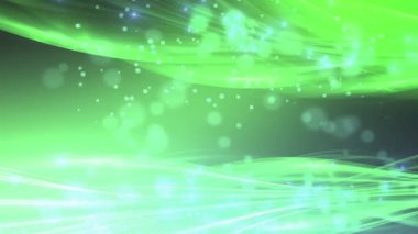 Akan yeşil dalgalar ve parlayan parçacıklardan oluşan canlı bir soyut arkaplan, dijital tasarım için ideal..