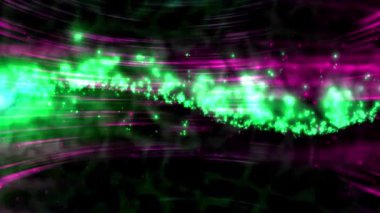 Parlak yeşil ve mor kıvrımlı ve koyu arkaplanda parlayan parçacıklardan oluşan soyut bir dijital tasarım..