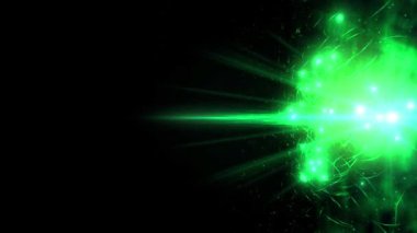 Siyah arkaplana karşı canlı yeşil bir ışık patlaması enerji ve dinamik hareketi işaret ediyor..