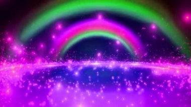 Renkli gökkuşaklarının ve mistik bir atmosferde ışıl ışıl efektlerin yer aldığı canlı bir dijital illüstrasyon.