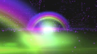Renkli parçacıklarla çevrili, parlayan bir ışığın üzerinde gökkuşağı bulunan canlı bir dijital sanat eseri..