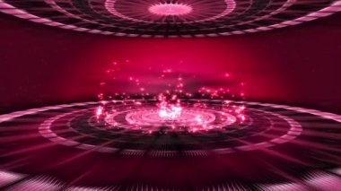 Pembe ve kırmızı tonlarda kıvrımlı ve parlak elementlerle dolu canlı, soyut bir dijital manzara..