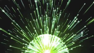 Merkezi bir noktadan yayılan canlı yeşil ışık huzmeleri dinamik bir görsel etki yaratıyor..