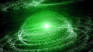 Parlak merkezli canlı yeşil bir kozmik girdap, uzayda bir enerji ve hareket hissi uyandırıyor..