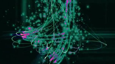 Canlı, dalgalı çizgiler ve yeşil ve pembe renkli parlayan parçacıkların yer aldığı soyut dijital sanat eserleri.
