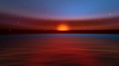 Sakin bir okyanusun üzerinde sakin bir günbatımı, gökyüzündeki canlı renkleri harmanlıyor ve suyun yüzeyini yansıtıyor..