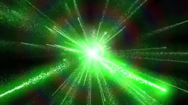 Enerji ve hareketi sembolize eden, ışık ve parçacıkların canlı yeşil patlaması.