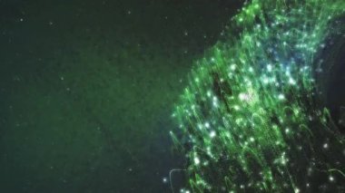 Yeşil tonlarda parlayan parçacıkların yer aldığı soyut bir dijital tasarım, derinlik ve hareket hissi uyandırıyor.