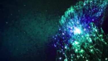 Titreyen renkler ve ışıkla dolu canlı bir kozmik sahne, gök patlaması veya nebula tasvir ediyor..