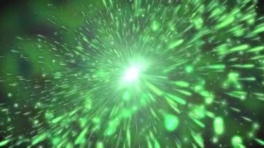 Kozmik enerjiye ya da hareket halindeki parçacıklara benzeyen canlı yeşil bir ışık patlaması.