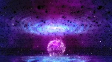 Girdap gibi dönen galaksiler ve parlayan bir küre ile canlı bir kozmik sahne, merak ve keşif duygusunu çağrıştırıyor..