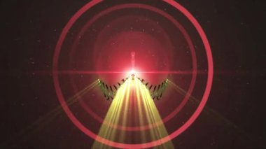 Kozmik bir ortamda ışık saçan merkezi bir figürün yer aldığı fütüristik bir sahne.