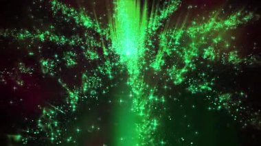 Işıldayan parçacıklar ve ışık ışınlarıyla enerji ve hareket hissi uyandıran canlı yeşil soyut bir görselleştirme..