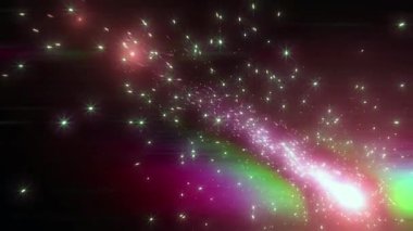 Kozmik bir sahnenin canlı bir tasviri, yıldızların görüntüsü ve renkli bir uzay ortamında kuyruklu yıldıza benzer bir nesne..