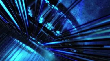Mavi ışık huzmeleri ve dinamik perspektifli fütüristik bir soyut kompozisyon.
