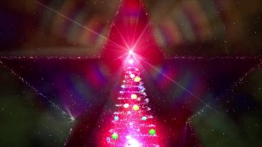 Renkli ışıklar ve parlak bir parıltıyla süslenmiş yıldız şeklinde bir Noel ağacının canlı dijital çizimi.